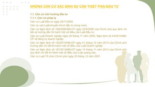 NHỮNG CĂN CỨ XÁC ĐỊNH SỰ CẦN THIẾT PHẢI ĐẦU TƯ
1.1. Căn cứ môi trường đầu tư
1.1.1. Căn cứ pháp lý
Căn cứ Luật Đầu tư ngày 29/11/2005
Căn cứ vào Luật khuyến khích đầu tư trong nước
Căn cứ Nghị định số 108/2006/NĐ-CP ngày 22/9/2006 của Chính phủ quy định chi
tiết và hướng dẫn thi hành một số điều của Luật Đầu tư;
Căn cứ Luật Doanh nghiệp ngày 29 tháng 11 năm 2005; Nghị định số 43/2010/NĐ-
CP về đăng ký doanh nghiệp
Căn cứ Nghị định số 102/2010/NĐ-CP ngày 01 tháng 10 năm 2010 của Chính phủ
hướng dẫn chi tiết thi hành một số điều của Luật Doanh nghiệp
Căn cứ Nghị định số 181/2013/NĐ-CP ngày 14 tháng 11 năm 2013 của Chính phủ
quy định chi tiết thi hành một số điều của Luật quảng cáo;
Căn cứ Luật Tổ chức Chính phủ ngày 25 tháng 12 năm 2001.
 