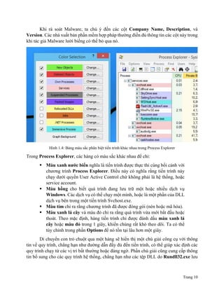 Trang 10
Khi rà soát Malware, ta chú ý đến các cột Company Name, Description, và
Version. Các nhà xuất bản phần mềm hợp pháp thường điền đủ thông tin các cột này trong
khi tác giả Malware lười biếng có thể bỏ qua nó.
Hình 1.4: Bảng màu sắc phân biệt tiến trình khác nhau trong Process Explorer
Trong Process Explorer, các hàng có màu sắc khác nhau để chỉ:
 Màu xanh nước biển nghĩa là tiến trình được thực thi cùng bối cảnh với
chương trình Process Explorer. Điều này có nghĩa rằng tiến trình này
chạy dưới quyền User Active Control chứ không phải là hệ thống, hoặc
service account.
 Màu hồng cho biết quá trình đang lưu trữ một hoặc nhiều dịch vụ
Windows. Các dịch vụ có thể chạy một mình, hoặc là một phần của DLL
dịch vụ bên trong một tiến trình Svchost.exe.
 Màu tím chỉ ra rằng chương trình đã được đóng gói (nén hoặc mã hóa).
 Màu xanh lá cây và màu đỏ chỉ ra rằng quá trình vừa mới bắt đầu hoặc
thoát. Theo mặc định, hàng tiến trình chỉ được đánh dấu màu xanh lá
cây hoặc màu đỏ trong 1 giây, khiến chúng rất khó theo dõi. Ta có thể
tùy chỉnh trong phần Options để nó tồn tại lâu hơn một giây.
Di chuyển con trỏ chuột qua một hàng sẽ hiển thị một chú giải công cụ với thông
tin về quy trình, chẳng hạn như đường dẫn đầy đủ đến tiến trình, có thể giúp xác định các
quy trình chạy từ các vị trí bất thường hoặc đáng ngờ. Phần chú giải cũng cung cấp thông
tin bổ sung cho các quy trình hệ thống, chẳng hạn như các tệp DLL do Rundll32.exe lưu
 