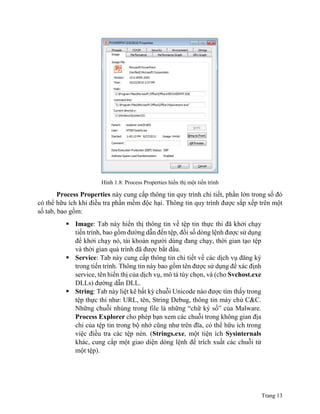 Trang 13
Hình 1.8: Process Properties hiển thị một tiến trình
Process Properties này cung cấp thông tin quy trình chi tiết, phần lớn trong số đó
có thể hữu ích khi điều tra phần mềm độc hại. Thông tin quy trình được sắp xếp trên một
số tab, bao gồm:
 Image: Tab này hiển thị thông tin về tệp tin thực thi đã khởi chạy
tiến trình, bao gồm đường dẫn đến tệp, đối số dòng lệnh được sử dụng
để khởi chạy nó, tài khoản người dùng đang chạy, thời gian tạo tệp
và thời gian quá trình đã được bắt đầu.
 Service: Tab này cung cấp thông tin chi tiết về các dịch vụ đăng ký
trong tiến trình. Thông tin này bao gồm tên được sử dụng để xác định
service, tên hiển thị của dịch vụ, mô tả tùy chọn, và (cho Svchost.exe
DLLs) đường dẫn DLL.
 String: Tab này liệt kê bất kỳ chuỗi Unicode nào được tìm thấy trong
tệp thực thi như: URL, tên, String Debug, thông tin máy chủ C&C.
Những chuỗi nhúng trong file là những “chữ ký số” của Malware.
Process Explorer cho phép bạn xem các chuỗi trong không gian địa
chỉ của tệp tin trong bộ nhớ cũng như trên đĩa, có thể hữu ích trong
việc điều tra các tệp nén. (Strings.exe, một tiện ích Sysinternals
khác, cung cấp một giao diện dòng lệnh để trích xuất các chuỗi từ
một tệp).
 