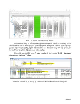 Trang 16
Hình 1.11: Process Tree trong Process Monitor.
Click vào các hàng sẽ hiển thị một hộp thoại Properties với tất cả các thông tin có
sẵn về sự kiện diễn ra dưới dạng các ngăn xếp sự kiện. Bằng cách kiểm tra ngăn xếp cuộc
gọi của một sự kiện độc hại, người điều tra có thể xác định chức năng trực tiếp gọi nó, có
thể cảnh báo về sự hiện diện của phần mềm độc hại.
Hình minh họa dưới đây trong Process Monitor là tiến trình tạo RegKey Autoruns
của một mẫu Malware Trojan.
Hình 1.12: Tiến trình đặt giá trị RegKey Autoruns của Malware được Process Monitor ghi lại.
 