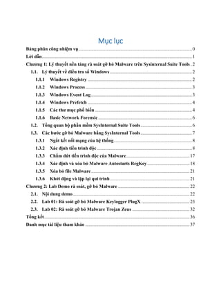 Mục lục
Bảng phân công nhiệm vụ.................................................................................................0
Lời dẫn................................................................................................................................1
Chương 1: Lý thuyết nền tảng rà soát gỡ bỏ Malware trên Sysinternal Suite Tools .2
1.1. Lý thuyết về điều tra số Windows ......................................................................2
1.1.1 Windows Registry .........................................................................................2
1.1.2 Windows Process...........................................................................................3
1.1.3 Windows Event Log ......................................................................................3
1.1.4 Windows Prefetch .........................................................................................4
1.1.5 Các thư mục phổ biến...................................................................................4
1.1.6 Basic Network Forensic ................................................................................6
1.2. Tổng quan bộ phần mềm SysInternal Suite Tools............................................6
1.3. Các bước gỡ bỏ Malware bằng SysInternal Tools............................................7
1.3.1 Ngắt kết nối mạng của hệ thống...................................................................8
1.3.2 Xác định tiến trình độc .................................................................................8
1.3.3 Chấm dứt tiến trình độc của Malware......................................................17
1.3.4 Xác định và xóa bỏ Malware Autostarts RegKey ....................................18
1.3.5 Xóa bỏ file Malware....................................................................................21
1.3.6 Khởi động và lặp lại qui trình....................................................................21
Chương 2: Lab Demo rà soát, gỡ bỏ Malware .............................................................22
2.1. Nội dung demo....................................................................................................22
2.2. Lab 01: Rà soát gỡ bỏ Malware Keylogger PlugX .........................................23
2.3. Lab 02: Rà soát gỡ bỏ Malware Trojan Zeus .................................................32
Tổng kết............................................................................................................................36
Danh mục tài liệu tham khảo .........................................................................................37
 