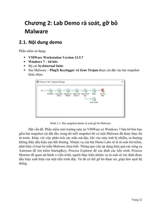 Trang 22
Chương 2: Lab Demo rà soát, gỡ bỏ
Malware
2.1. Nội dung demo
Phần mềm sử dụng:
 VMWare Workstation Version 12.5.7
 Windows 7 – 64 bits
 Bộ cài SysInternal Suite
 Hai Malware – PlugX Keylogger và Zeus Trojan được cài đặt vào hai snapshot
khác nhau.
Hình 2.1: Hai snapshot demo rà soát gỡ bỏ Malware
Đặt vấn đề: Phần mềm môi trường máy ảo VMWare có Windows 7 bản 64 bits bao
gồm hai snapshot cài đặt sẵn, trong đó mỗi snapshot thì có một Malware đã được thực thi
từ trước. Khác với việc phân tích các mẫu mã độc, khi vào máy tính bị nhiễm, ta thường
không thấy dấu hiệu nào bất thường. Nhiệm vụ của bài Demo Labs sẽ là rà soát tìm kiếm,
phát hiện và loại bỏ mẫu Malware chưa biết. Thông qua việc áp dụng hiệu quả các công cụ
Autoruns để tìm kiếm StartupKey, Process Explorer để xác định các tiến trình, Process
Monitor để quan sát hành vi tiến trình, người thực hiện nhiệm vụ rà soát sẽ xác định được
dấu hiệu xuất hiện của một tiến trình độc. Từ đó có thể gỡ bỏ được nó, giúp làm sạch hệ
thống.
 