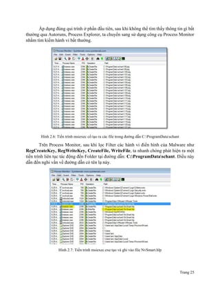 Trang 25
Áp dụng đúng qui trình ở phần đầu tiên, sau khi không thể tìm thấy thông tin gì bất
thường qua Autoruns, Process Explorer, ta chuyển sang sử dụng công cụ Process Monitor
nhằm tìm kiếm hành vi bất thường.
Hình 2.6: Tiến trình msiexec cố tạo ra các file trong đường dẫn C:ProgramDataschant
Trên Process Monitor, sau khi lọc Filter các hành vi điển hình của Malware như
RegCreateKey, RegWriteKey, CreateFile, WriteFile, ta nhanh chóng phát hiện ra một
tiến trình liên tục tác động đến Folder tại đường dẫn: C:ProgramDataschant. Điều này
dẫn đến nghi vấn về đường dẫn có tên lạ này.
Hình 2.7: Tiến trình msiexec.exe tạo và ghi vào file NvSmart.hlp
 