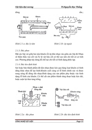 Vật liệu đại cương TS.Nguyễn Học Thắng
CÔNG NGHỆ VẬT LIỆU Page 15
đóng rắn.;
Hình 2.1 a: đúc ly tâm Hình 2.1b: ép nguội
2.1.3. Đúc phun
Đặt các lớp vải giữa hai nửa khuôn rồi ép đùn nhựa vào giữa các lớp đó.Nhựa
sẽ thẩm thấu vào cốt vải.Tỷ lệ vật liệu cốt có thể cao nên chi tiết có cơ tính
cao. Phƣơng pháp này dung để chế tạo chi tiết có hình dạng phức tạp.
2.1.4. Đúc kéo định hình
Sợi hoặc bán thành phẩm đã tẩm nhựa đƣợc kéo qua hàng loạt khuôn có hình
dáng khác nhau để tạo hình.Khuôn cuối cùng có lỗ hình chính xác và đƣợc
nung nóng để đóng rắn nhựa.Hình dạng của sản phẩm phụ thuộc vào hình
dạng lỗ hình của khuôn. Có thể cắt sản phẩm thành từng đoạn hoặc kéo dài,
hoặc cuộn lại theo tang trống.
Hình 2.2a: đúc phun Hình 2.2b: đúc kéo định hình
 