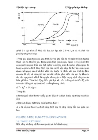 Vật liệu đại cương TS.Nguyễn Học Thắng
CÔNG NGHỆ VẬT LIỆU Page 29
Hình 2.4. đặc tính kết khối của hai loại bột nén 0.8 và 1.3m có so sánh với
phương pháp nén ống.
Trong giai đoạn ban đầu, quá trình xảy ra chủ yếu là co ngót do hiện tƣợng
thoát ẩm vá khuếch tán. Trong giai đoạn trung gian, ngoài việc co ngót thì
còn quá trình phát triển của hạt, nghĩa là đƣờng kính d của hạt không phải là
hằng số nữa và hình dáng hình học của các lỗ xốp cũng bị thay đổi.trong giai
đoạn cuối cùng, quá trình kết khối phụ thuộc rất nhiều vào quá trình tụ đám
của các lỗ xốp và biên giới hạt, tốc độ và kiểu phát triển của hạt. Sự khuếch
tán các nguyên tử chính là nguyên nhân gây ra hiện tƣợng dịch chuyển của
biên giới hạt. Tính linh động biên giới hạt Mb, nếu là hằng số thì tốc độ phát
triển của biên giới hạt đƣợc mô tả nhờ phƣơng trình:
- = 2AMb
Trong đó:
n là thông số kích thƣớc và lấy giá trị 23; d 0 là kích thƣớc hạt trung bình ban
đầu
d t là kích thƣớc hạt trung bình tại thời điểm t
A là hệ số phụ thuộc vào hình dáng hình học là năng lƣợng bền mặt giữa các
hạt.
CHƢƠNG 3. ỨNG DỤNG VẬT LIỆU COMPOSITE
3.1. TRONG XÂY DỰNG
Khả năng sử dụng vật liệu composite có thể rất đa dạng:
 
