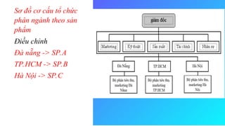 Sơ đồ cơ cấu tổ chức
phân ngành theo sản
phẩm
Điều chỉnh
Đà nẵng -> SP.A
TP.HCM -> SP.B
Hà Nội -> SP.C
 