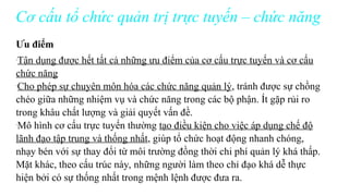 Cơ cấu tổ chức quản trị trực tuyến – chức năng
Ưu điểm
-
Tận dụng được hết tất cả những ưu điểm của cơ cấu trực tuyến và cơ cấu
chức năng
-
Cho phép sự chuyên môn hóa các chức năng quản lý, tránh được sự chồng
chéo giữa những nhiệm vụ và chức năng trong các bộ phận. Ít gặp rủi ro
trong khâu chất lượng và giải quyết vấn đề.
-
Mô hình cơ cấu trực tuyến thường tạo điều kiện cho việc áp dụng chế độ
lãnh đạo tập trung và thống nhất, giúp tổ chức hoạt động nhanh chóng,
nhạy bén với sự thay đổi từ môi trường đồng thời chi phí quản lý khá thấp.
Mặt khác, theo cấu trúc này, những người làm theo chỉ đạo khá dễ thực
hiện bởi có sự thống nhất trong mệnh lệnh được đưa ra.
 