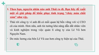 1. Theo bạn, nguyên nhân nào anh Thái ra đi. Bạn hãy đề xuất
một số giải pháp để khắc phục tình trạng “chảy máu chất
xám” như vậy.
- Thái rời công ty vì anh đã có mối quan hệ bền vững với vị CEO
cũ của mình. Hơn nữa, anh tin tưởng khả năng dẫn dắt nhân viên
và kinh nghiệm trong việc quản lí công ty của Lê Vũ hơn
Nguyên Nam.
- Do mức lương của bên Lê Vũ cao hơn công ty hiện tại của Thái.
 