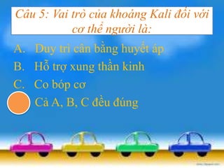 Câu 5: Vai trò của khoáng Kali đối với
cơ thể người là:
A. Duy trì cân bằng huyết áp
B. Hỗ trợ xung thần kinh
C. Co bóp cơ
D. Cả A, B, C đều đúng
 