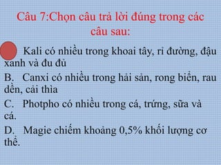 Câu 7:Chọn câu trả lời đúng trong các
câu sau:
A. Kali có nhiều trong khoai tây, rỉ đường, đậu
xanh và đu đủ
B. Canxi có nhiều trong hải sản, rong biển, rau
dền, cải thìa
C. Photpho có nhiều trong cá, trứng, sữa và
cá.
D. Magie chiếm khoảng 0,5% khối lượng cơ
thể.
 