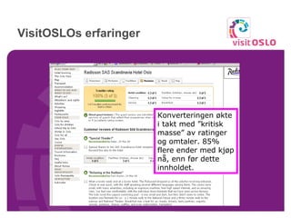 VisitOSLOs erfaringer Konverteringen økte i takt med ”kritisk masse” av ratinger og omtaler. 85% flere ender med kjøp nå, enn før dette innholdet. 