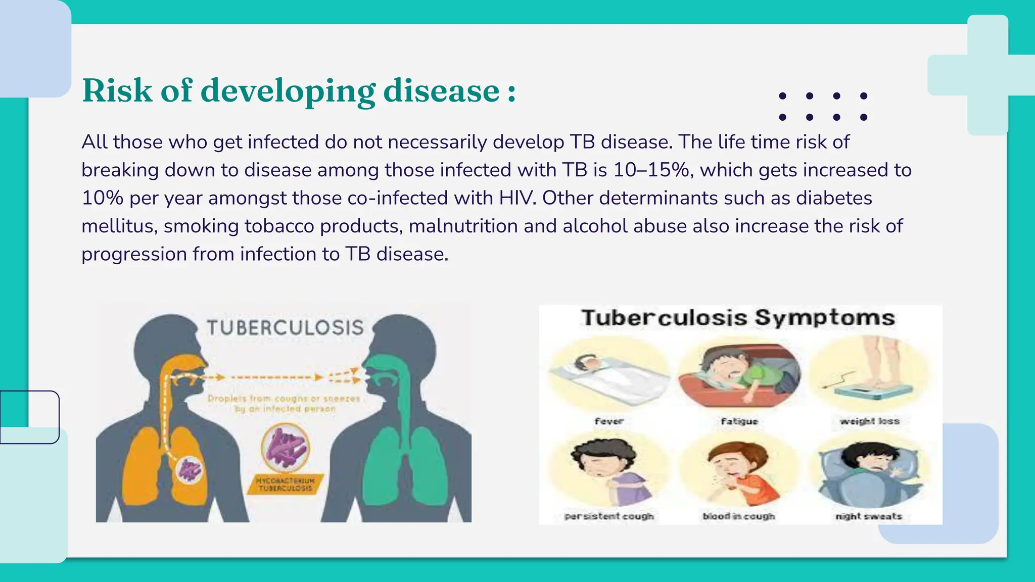 Risk of developing disease :
All those who get infected do not necessarily develop TB disease. The life time risk of
breaking down to disease among those infected with TB is 10–15%, which gets increased to
10% per year amongst those co-infected with HIV. Other determinants such as diabetes
mellitus, smoking tobacco products, malnutrition and alcohol abuse also increase the risk of
progression from infection to TB disease.
 