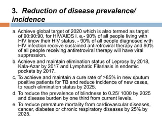3. Reduction of disease prevalence/
incidence
a. Achieve global target of 2020 which is also termed as target
of 90:90:90, for HIV/AIDS i. e,- 90% of all people living with
HIV know their HIV status, - 90% of all people diagnosed with
HIV infection receive sustained antiretroviral therapy and 90%
of all people receiving antiretroviral therapy will have viral
suppression.
b. Achieve and maintain elimination status of Leprosy by 2018,
Kala-Azar by 2017 and Lymphatic Filariasis in endemic
pockets by 2017.
c. To achieve and maintain a cure rate of >85% in new sputum
positive patients for TB and reduce incidence of new cases,
to reach elimination status by 2025.
d. To reduce the prevalence of blindness to 0.25/ 1000 by 2025
and disease burden by one third from current levels.
e. To reduce premature mortality from cardiovascular diseases,
cancer, diabetes or chronic respiratory diseases by 25% by
2025.
 