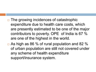  The growing incidences of catastrophic
expenditure due to health care costs, which
are presently estimated to be one of the major
contributors to poverty. OPE of India is 67 %
are one of the highest in the world.
 As high as 86 % of rural population and 82 %
of urban population are still not covered under
any scheme of health expenditure
support/insurance system.
 