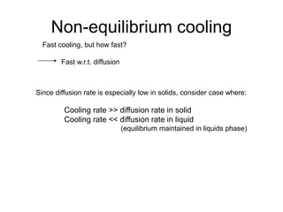 Non-equilibrium cooling
Fast cooling, but how fast?
Fast w.r.t. diffusion
Since diffusion rate is especially low in solids, consider case where:
Cooling rate >> diffusion rate in solid
Cooling rate << diffusion rate in liquid
(equilibrium maintained in liquids phase)
 