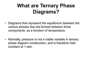 What are Ternary Phase
Diagrams?
• Diagrams that represent the equilibrium between the
various phases that are formed between three
components, as a function of temperature.
• Normally, pressure is not a viable variable in ternary
phase diagram construction, and is therefore held
constant at 1 atm.
 