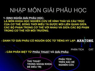 NHẬP MÔN GIẢI PHẪU HỌC
 1- ĐỊNH NGHĨA GIẢI PHẪU HỌC:
 LÀ MÔN KHOA HỌC NGHIÊN CỨU VỀ HÌNH THÁI VÀ CẤU TRÚC
 CỦA CƠ THỂ. ĐỒNG THỜI MIÊU TẢ ĐƯỢC MỐI LIÊN QUAN GIỮA
 CÁC BỘ PHẬN TRONG CƠ THỂ VỚI NHAU VÀ GIỮA CÁC BỘ PHẬN
 TRONG CƠ THỂ VỚI MÔI TRƯỜNG.


- DANH TỪ GIẢI PHẪU CÓ NGUỒN GỐC TỪ TIẾNG HY LẠP: ANATOME


                                                PHÂN TÍCH   CẮT
  - CẦN PHÂN BIỆT TỪ PHẪU THUẬT VÀ GIẢI PHẪU.

                                     PHẪU TÍCH
                THỦ THUẬT            TRÊN XÁC ĐỂ
                TRONG NGOẠI KHOA     NGHIÊN CỨU
                ĐỂ ĐIỀU TRỊ
 