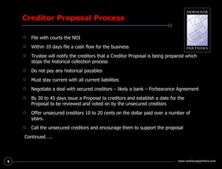 Creditor Proposal Process <ul><li>File with courts the NOI  </li></ul><ul><li>Within 10 days file a cash flow for the busi...