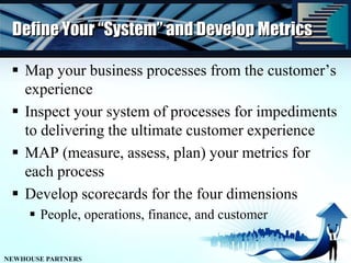 Define Your “System” and Develop MetricsMap your business processes from the customer’s experienceInspect your system of processes for impediments to delivering the ultimate customer experienceMAP (measure, assess, plan) your metrics for each processDevelop scorecards for the four dimensionsPeople, operations, finance, and customer