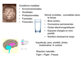 Conditions instables 
• Environnementales 
• Sociétales 
• Professionnelles 
• Familiales 
• Financières 
Stimuli invisibles, cumulables dans 
le temps 
• Bruit continu 
• Connexions permanentes 
• Ondes électromagnétiques 
• Espaces chargés en ions 
positifs 
• Nutrition stressant le corps 
Inquiétude, peur, anxiété, stress 
adrénaline  cortisol 
Réaction naturelle : 
Fight – Flight - Freeze 
 