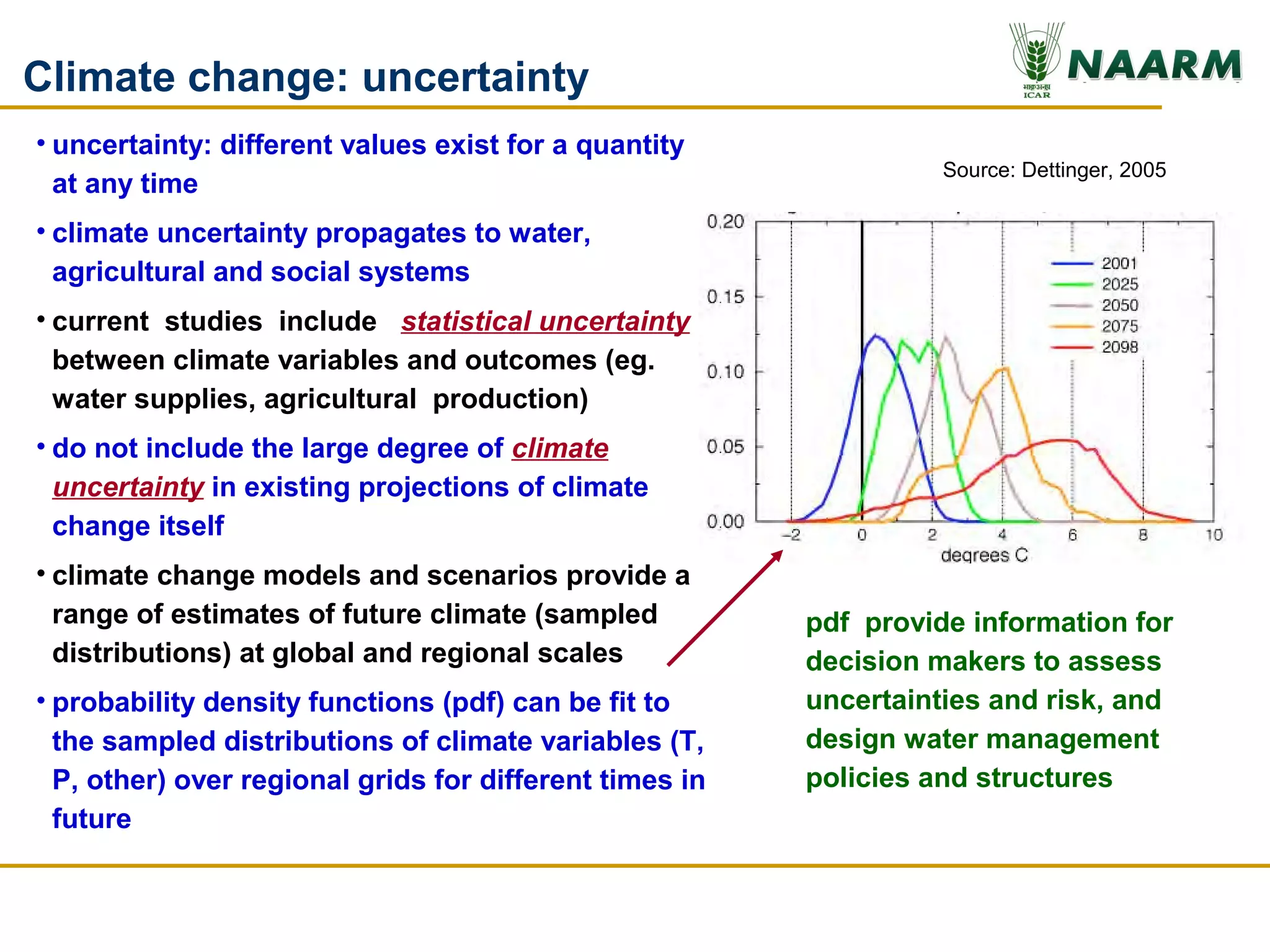 Climate change: uncertainty
• uncertainty: different values exist for a quantity
                                                                   Source: Dettinger, 2005
  at any time
• climate uncertainty propagates to water,
  agricultural and social systems
• current studies include statistical uncertainty
  between climate variables and outcomes (eg.
  water supplies, agricultural production)
• do not include the large degree of climate
  uncertainty in existing projections of climate
  change itself
• climate change models and scenarios provide a
  range of estimates of future climate (sampled          pdf provide information for
  distributions) at global and regional scales           decision makers to assess
• probability density functions (pdf) can be fit to      uncertainties and risk, and
  the sampled distributions of climate variables (T,     design water management
  P, other) over regional grids for different times in   policies and structures
  future
 