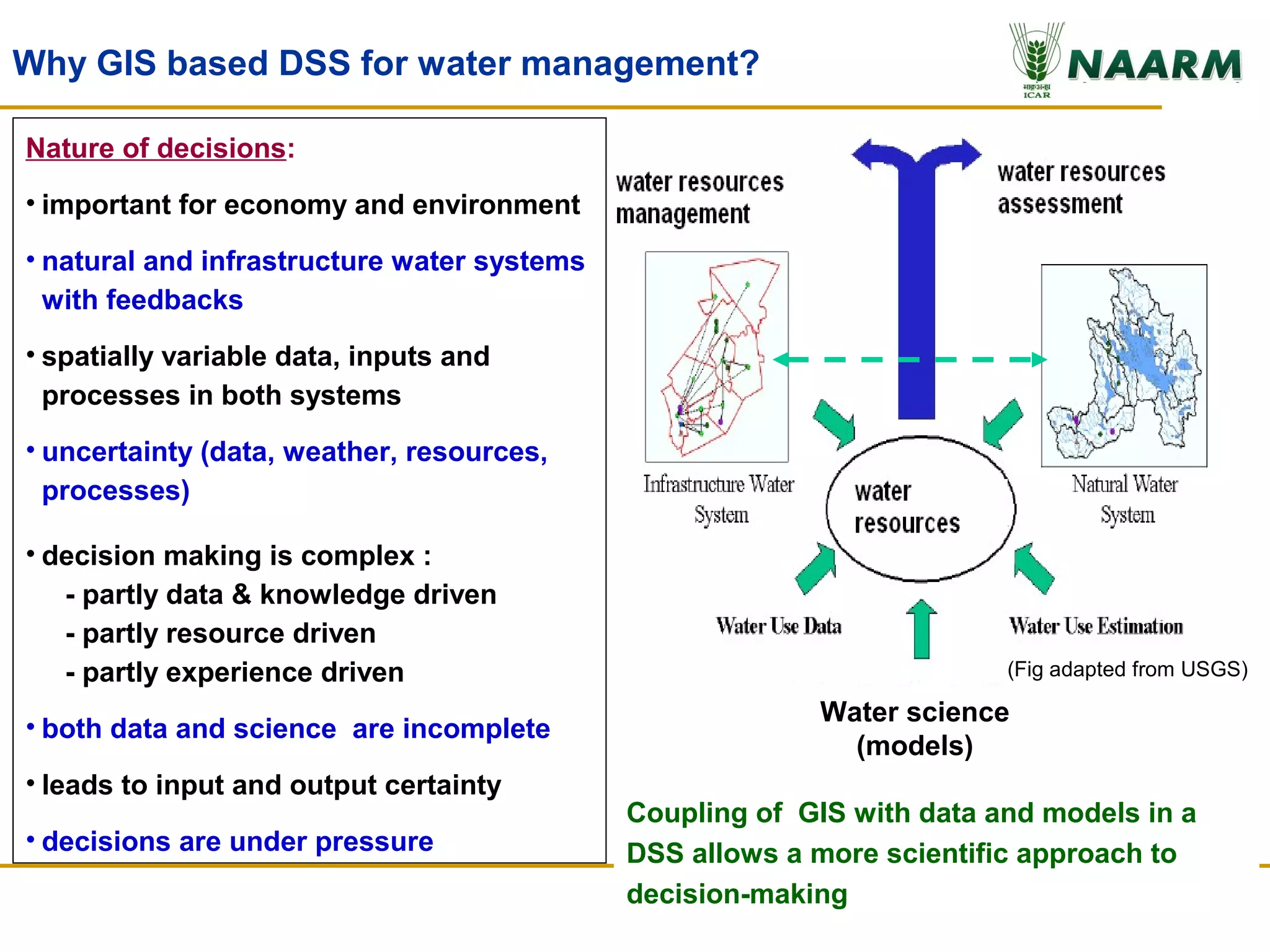 Why GIS based DSS for water management?

Nature of decisions:
• important for economy and environment

• natural and infrastructure water systems
  with feedbacks
• spatially variable data, inputs and
  processes in both systems
• uncertainty (data, weather, resources,
  processes)

• decision making is complex :
   - partly data & knowledge driven
   - partly resource driven
   - partly experience driven                                           (Fig adapted from USGS)

                                                          Water science
• both data and science are incomplete
                                                            (models)
• leads to input and output certainty
                                             Coupling of GIS with data and models in a
• decisions are under pressure               DSS allows a more scientific approach to
                                             decision-making
 