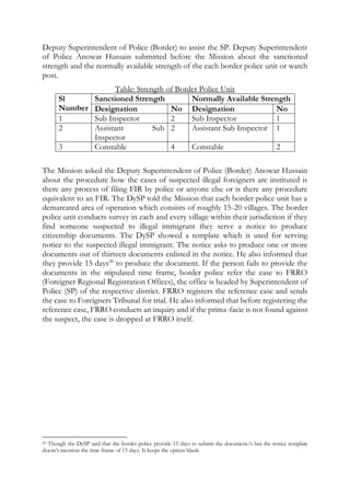 Deputy Superintendent of Police (Border) to assist the SP. Deputy Superintendent
of Police Anowar Hussain submitted before the Mission about the sanctioned
strength and the normally available strength of the each border police unit or watch
post.
Table: Strength of Border Police Unit
Sl
Number
Sanctioned Strength Normally Available Strength
Designation No Designation No
1 Sub Inspector 2 Sub Inspector 1
2 Assistant Sub
Inspector
2 Assistant Sub Inspector 1
3 Constable 4 Constable 2
The Mission asked the Deputy Superintendent of Police (Border) Anowar Hussain
about the procedure how the cases of suspected illegal foreigners are instituted is
there any process of filing FIR by police or anyone else or is there any procedure
equivalent to an FIR. The DySP told the Mission that each border police unit has a
demarcated area of operation which consists of roughly 15-20 villages. The border
police unit conducts survey in each and every village within their jurisdiction if they
find someone suspected to illegal immigrant they serve a notice to produce
citizenship documents. The DySP showed a template which is used for serving
notice to the suspected illegal immigrant. The notice asks to produce one or more
documents out of thirteen documents enlisted in the notice. He also informed that
they provide 15 days26
to produce the document. If the person fails to provide the
documents in the stipulated time frame, border police refer the case to FRRO
(Foreigner Regional Registration Offices), the office is headed by Superintendent of
Police (SP) of the respective district. FRRO registers the reference case and sends
the case to Foreigners Tribunal for trial. He also informed that before registering the
reference case, FRRO conducts an inquiry and if the prima-facie is not found against
the suspect, the case is dropped at FRRO itself.
26 Though the DySP said that the border police provide 15 days to submit the document/s but the notice template
doesn’t mention the time frame of 15 days. It keeps the option blank.
 