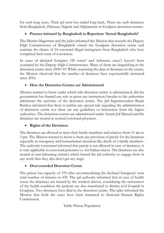 for such long years. Their jail term has ended long back. There are such detainees
from Bangladesh, Pakistan, Nigeria and Afghanistan in Goalpara detention centres.
 Process initiated by Bangladesh to Repatriate ‘Actual Bangladeshi’
The District Magistrate and the Jailer informed the Mission that recently the Deputy
High Commissioner of Bangladesh visited the Goalpara detention centre and
examine the claims of 54 convicted illegal immigrants from Bangladesh who have
completed their term of conviction.
In cases of declared foreigner (‘D voters’ and ‘reference cases’) haven’t been
examined by the Deputy High Commissioner. Many of them are languishing in the
detention centre since 2009/10. While examining the data of detainees in the centre,
the Mission observed that the number of detainees have exponentially increased
since 2016.
 How the Detention Centres are Administered
Mission wanted to know under which rule detention centre is administered, did the
government has framed any rule or given any instruction/circular to the authorities
administer the activities of the detention centre. The Jail Superintendent Ranjit
Baishya informed that there is neither any special rule regarding the administration
of detention centre nor there are any guidelines or instruction from the higher
authorities. The detention centres are administered under Assam Jail Manual and the
detainees are treated as normal convicted prisoners.
 Rights of the Detainees
The detainees are allowed to meet their family members and relatives from 11 am to
3 pm. The Mission wanted to know is there any provision of parole for the detainees
especially in emergency and humanitarian situations like death of a family members.
The authority concerned informed that parole is not allowed in case of detainees, it
is only applicable to convicted prisoners i.e. for Indian citizen. The detainees are also
treated as non-labouring inmates which barred the jail authority to engage them in
any work thus they also don’t get any wage.
 Over-crowded Detention Centre
The prison has capacity of 370 after accommodating the declared foreigners’ now
total number of inmates in 439. The jail authority informed that in case of health
issues the detainees are treated by the resident doctor, considering the seriousness
of the health condition the patients are also transferred to district civil hospital in
Goalpara. Two detainees have died in the detention centre. The jailer informed the
Mission that both the cases have been intimated to National Human Rights
Commission.
Table: Prison Population
 