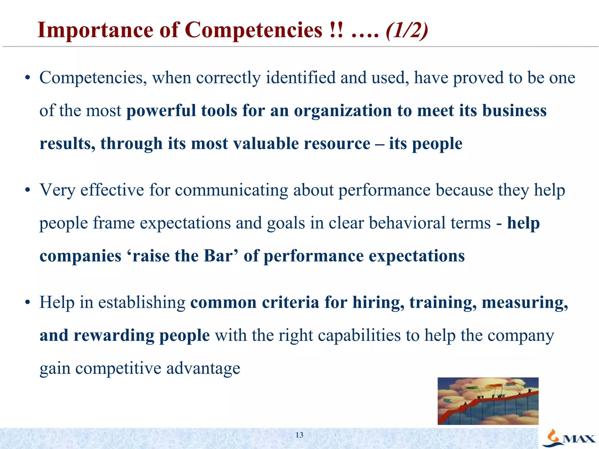 13Importance of Competencies !! …. (1/2)Competencies, when correctly identified and used, have proved to be one of the most powerful tools for an organization to meet its business results, through its most valuable resource – its people
