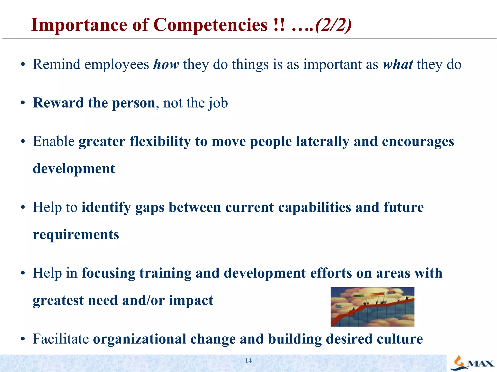 Very effective for communicating about performance because they help people frame expectations and goals in clear behavioral terms - help companies ‘raise the Bar’ of performance expectations