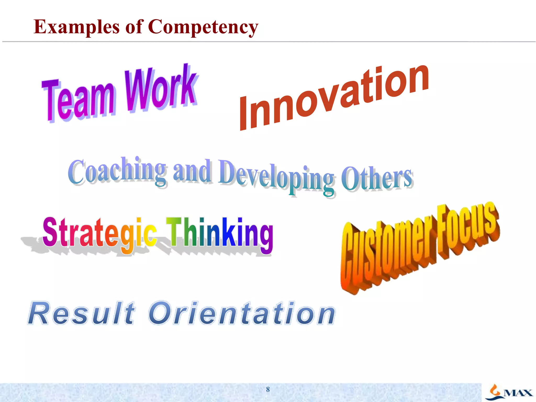 8Examples of CompetencyInnovationTeam WorkCoaching and Developing OthersCustomer FocusStrategic ThinkingResult Orientation