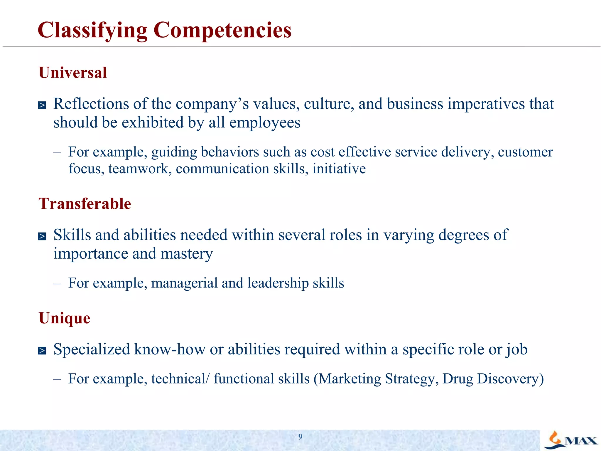 9Classifying CompetenciesUniversalReflections of the company’s values, culture, and business imperatives that should be exhibited by all employeesFor example, guiding behaviors such as cost effective service delivery, customer focus, teamwork, communication skills, initiativeTransferableSkills and abilities needed within several roles in varying degrees of importance and masteryFor example, managerial and leadership skillsUniqueSpecialized know-how or abilities required within a specific role or jobFor example, technical/ functional skills (Marketing Strategy, Drug Discovery)