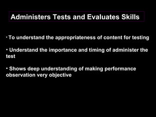 Administers Tests and Evaluates Skills  To understand the appropriateness of content for testing   Understand the importance and timing of administer the test   Shows deep understanding of making performance observation very objective  