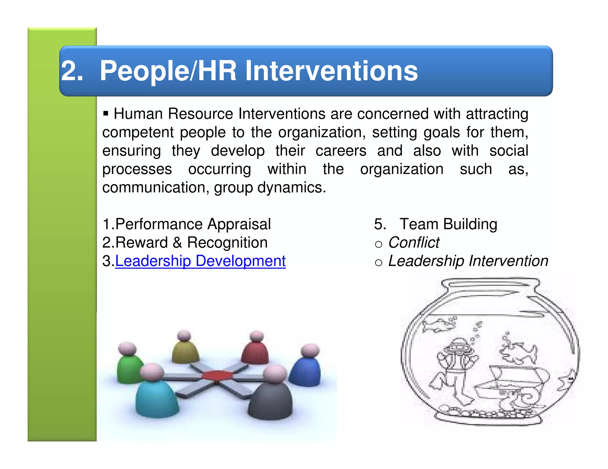 2. People/HR Interventions
     Human Resource Interventions are concerned with attracting
   competent people to the organization, setting goals for them,
   ensuring they develop their careers and also with social
   processes occurring within the organization such as,
   communication, group dynamics.

   1.Performance Appraisal               5. Team Building
   2.Reward & Recognition                o Conflict
   3.Leadership Development              o Leadership Intervention
 