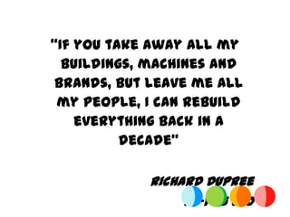 ‚If you take away all my
  buildings, machines and
brands, but leave me all
 my people, I can rebuild
    everything back in a
          decade‛

            Richard Dupree
                 Ex-P&G CEO
 
