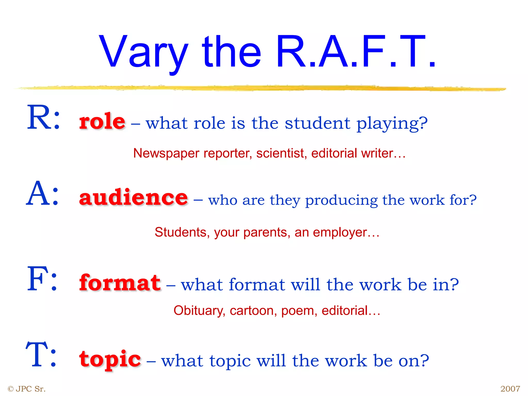 © JPC Sr. 2007
Vary the R.A.F.T.
R: role – what role is the student playing?
A: audience – who are they producing the work for?
F: format – what format will the work be in?
T: topic – what topic will the work be on?
Newspaper reporter, scientist, editorial writer…
Students, your parents, an employer…
Obituary, cartoon, poem, editorial…
 