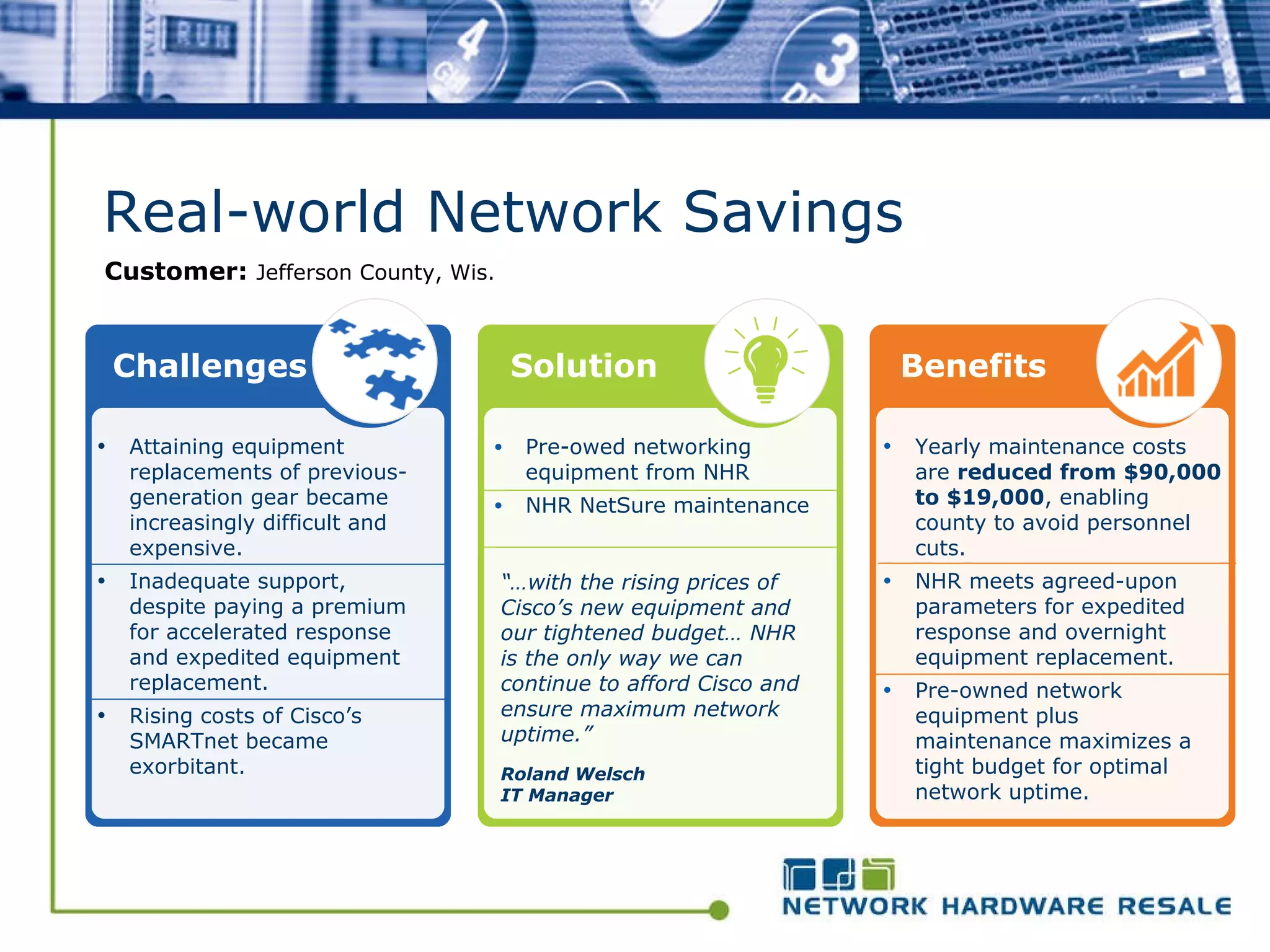 Real-world Network Savings Customer:  Jefferson County, Wis. Attaining equipment replacements of previous-generation gear became increasingly difficult and expensive. Inadequate support, despite paying a premium for accelerated response and expedited equipment replacement. Rising costs of Cisco’s SMARTnet became exorbitant. Challenges Solution Yearly maintenance costs are  reduced from $90,000 to $19,000 , enabling county to avoid personnel cuts. NHR meets agreed-upon parameters for expedited response and overnight equipment replacement. Pre-owned network equipment plus maintenance maximizes a tight budget for optimal network uptime. Benefits Pre-owed networking equipment from NHR NHR NetSure maintenance “… with the rising prices of Cisco’s new equipment and our tightened budget… NHR is the only way we can continue to afford Cisco and ensure maximum network uptime.” Roland Welsch IT Manager 