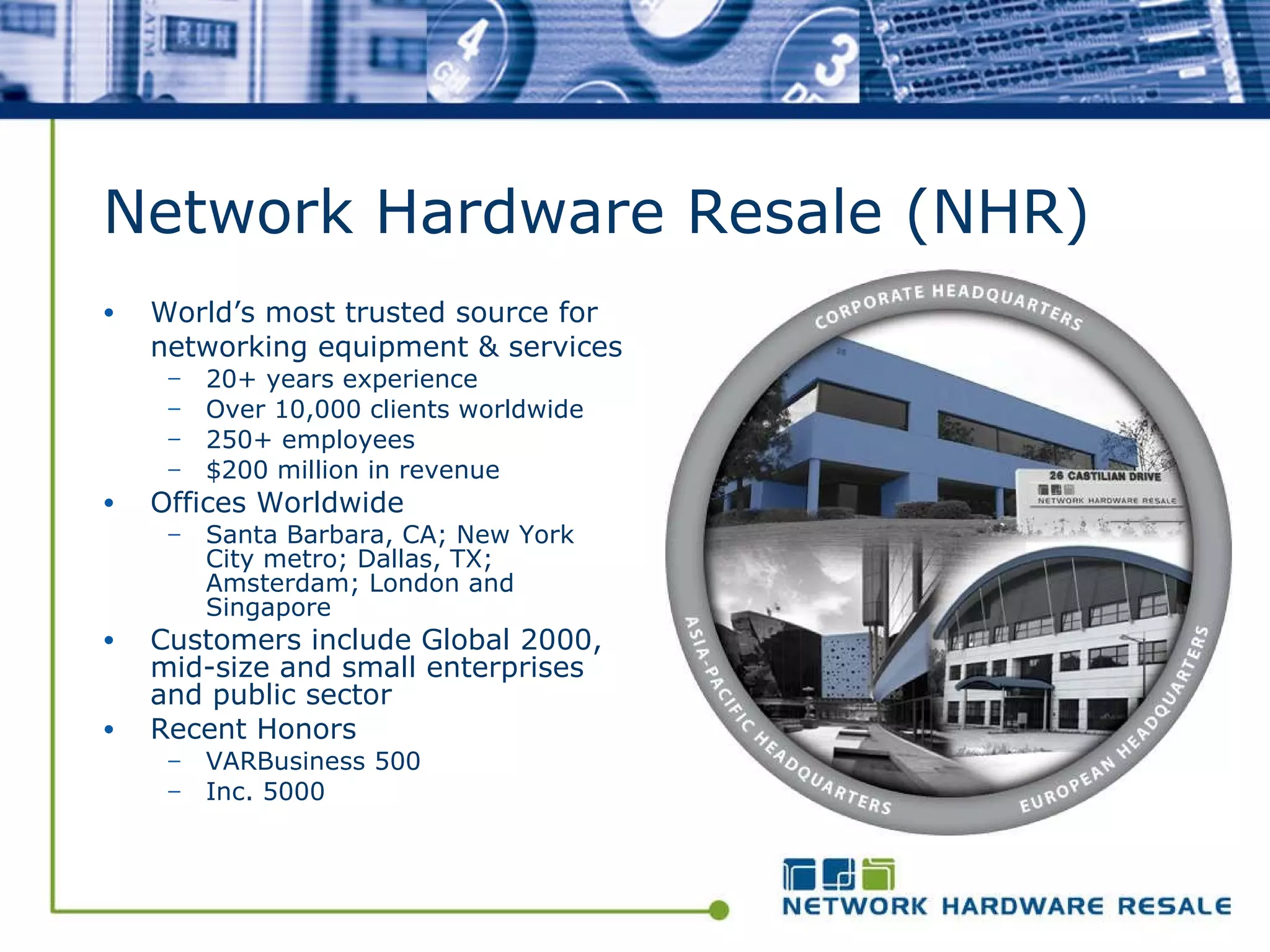 Network Hardware Resale (NHR) World’s most trusted source for  networking equipment & services 20+ years experience Over 10,000 clients worldwide 250+ employees $200 million in revenue Offices Worldwide Santa Barbara, CA; New York City metro; Dallas, TX; Amsterdam; London and Singapore Customers include Global 2000, mid-size and small enterprises and public sector Recent Honors VARBusiness 500 Inc. 5000 