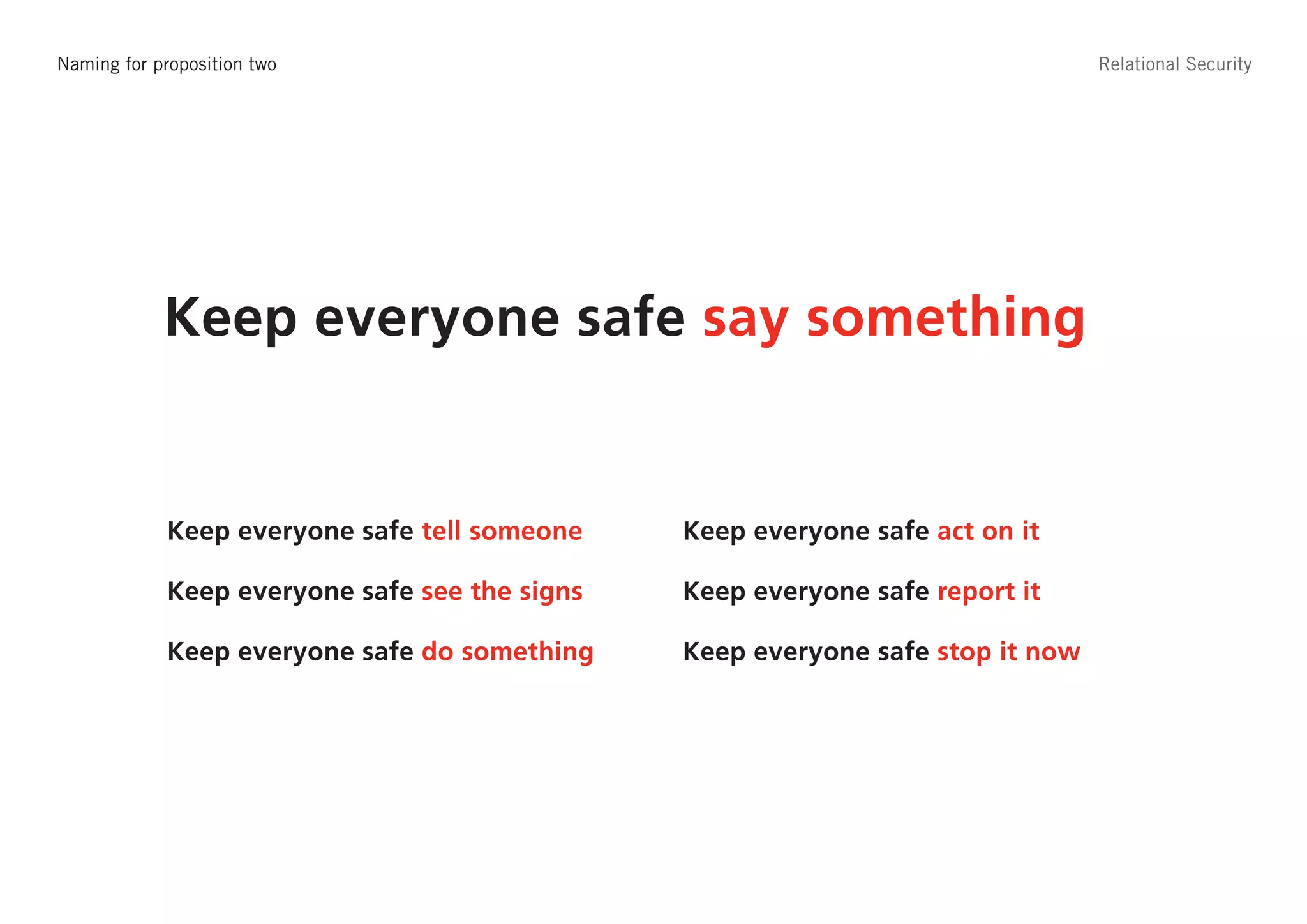 Strapline – Keep everyone safe
Naming for proposition two                                                       Relational Security




            Keep everyone safe say something


             Keep everyone safe tell someone    Keep everyone safe act on it

             Keep everyone safe see the signs   Keep everyone safe report it

             Keep everyone safe do something    Keep everyone safe stop it now
 