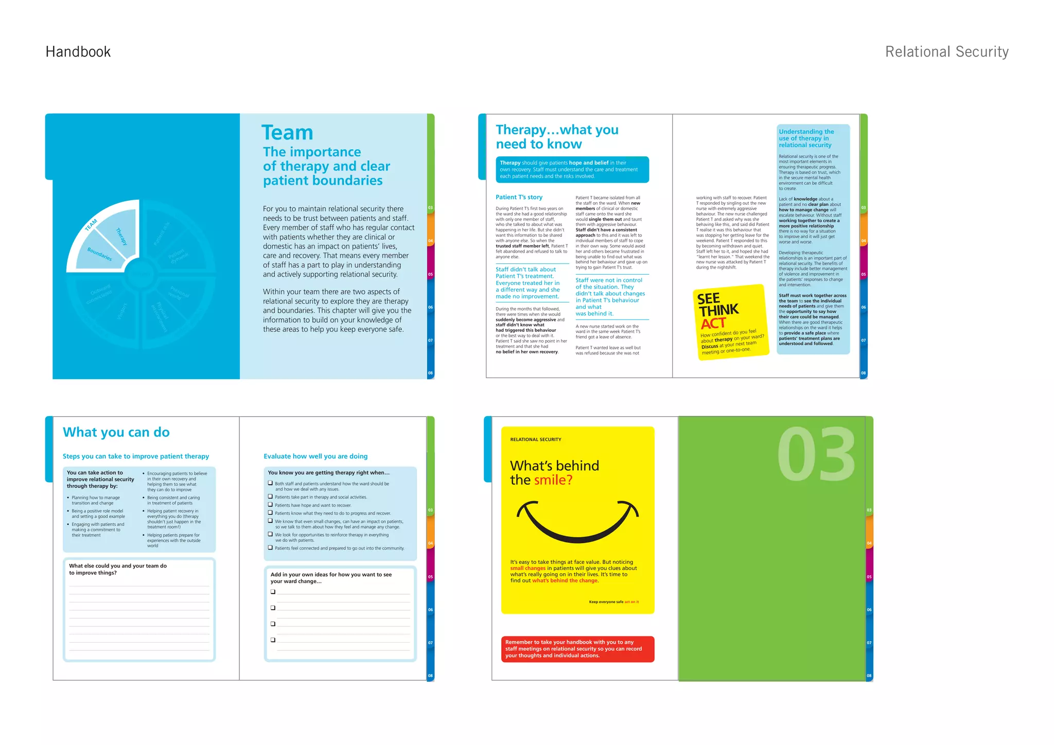 Handbook                                                                                                                                                                                                                                                                                                                                              Relational Security




                                                                                             Team                                                                    01
                                                                                                                                                                          Therapy…what you
                                                                                                                                                                          need to know
                                                                                                                                                                                                                                                                                                    Understanding the
                                                                                                                                                                                                                                                                                                    use of therapy in
                                                                                                                                                                                                                                                                                                    relational security
                                                                                                                                                                                                                                                                                                                                            01


                                                                                             The importance                                                                                                                                                                                         Relational security is one of the

                                                                                             of therapy and clear                                                           Therapy should give patients hope and belief in their                                                                   most important elements in
                                                                                                                                                                                                                                                                                                    ensuring therapeutic progress.
                                                                                                                                                                            own recovery. Staff must understand the care and treatment                                                              Therapy is based on trust, which
                                                                                                                                                                     02                                                                                                                                                                     02

                                                                                             patient boundaries
                                                                                                                                                                            each patient needs and the risks involved.                                                                              in the secure mental health
                                                                                                                                                                                                                                                                                                    environment can be difﬁcult
                                                                                                                                                                                                                                                                                                    to create.

                                                                                                                                                                          Patient T’s story                        Patient T became isolated from all    working with staff to recover. Patient     Lack of knowledge about a
                                                                                                                                                                                                                   the staff on the ward. When new       T responded by singling out the new        patient and no clear plan about

                                                                     OT
                                                                                             For you to maintain relational security there                           03   During Patient T’s ﬁrst two years on     members of clinical or domestic       nurse with extremely aggressive            how to manage change will
                                                                                                                                                                                                                                                                                                                                            03
                                                                                                                                                                          the ward she had a good relationship     staff came onto the ward she          behaviour. The new nurse challenged        escalate behaviour. Without staff
                   M
                                                                          HE
                                                                               R             needs to be trust between patients and staff.                                with only one member of staff,           would single them out and taunt       Patient T and asked why was she            working together to create a
               A                                                                                                                                                          who she talked to about what was         them with aggressive behaviour.       behaving like this, and said did Patient
                                                              ix




                                                                                             Every member of staff who has regular contact                                                                                                                                                          more positive relationship
                                                                                PA
                                                         tm
          TE




                                                                                                                                                                          happening in her life. But she didn’t    Staff didn’t have a consistent        T realise it was this behaviour that       there is no way for a situation
                                   Th




                                                                                  TI




                                                                                             with patients whether they are clinical or                                   want this information to be shared       approach to this and it was left to   was stopping her getting leave for the
                                                        en




                                                                                                                                                                                                                                                                                                    to improve and it will just get
                                                                                    EN
                                   era




                                                                                                                                                                          with anyone else. So when the            individual members of staff to cope   weekend. Patient T responded to this
                                                         ti




                                                                                                                                                                     04                                                                                                                             worse and worse.                        04
                                                                                        TS
                                      py




                                                      Pa




             Bo                                                                              domestic has an impact on patients’ lives,                                   trusted staff member left, Patient T     in their own way. Some would avoid    by becoming withdrawn and quiet.
                un                                                      nt                                                                                                felt abandoned and refused to talk to    her and others became frustrated in   Staff left her to it, and hoped she had    Developing therapeutic
                       dar                                           tie ic                  care and recovery. That means every member
                             ies                                   Pa nam                                                                                                 anyone else.                             being unable to ﬁnd out what was      “learnt her lesson.” That weekend the      relationships is an important part of
                                                                    dy                                                                                                                                             behind her behaviour and gave up on   new nurse was attacked by Patient T
                                                                                             of staff has a part to play in understanding                                                                          trying to gain Patient T’s trust.     during the nightshift.
                                                                                                                                                                                                                                                                                                    relational security. The beneﬁts of
                                                                                                                                                                          Staff didn’t talk about                                                                                                   therapy include better management
                                            PATIENT                                          and actively supporting relational security.                            05
                                                                                                                                                                          Patient T’s treatment.                                                                                                    of violence and improvement in          05

                                                                                                                                                                          Everyone treated her in                  Staff were not in control                                                        the patients’ responses to change
                                                                                                                                                                                                                                                                                                    and intervention.
                     ard                                        Per                                                                                                       a different way and she                  of the situation. They
                  tw                                           w o s ona                     Within your team there are two aspects of
               Ou tions                                           rld l                                                                                                                                            didn’t talk about changes                                                        Staff must work together across
                 nec
                                                                                                                                                                          made no improvement.
             con                                                                             relational security to explore they are therapy                                                                       in Patient T’s behaviour                                                         the team to see the individual
                                                  Ph iron




                                                                                                                                                                                                                   and what                                                                         needs of patients and give them
                                       rs




                                                                                                                                                                     06                                                                                                                                                                     06
                                                   en
      OU




                                                                                             and boundaries. This chapter will give you the                               During the months that followed,
                                    ito




                                                    ysi




                                                                                                                                                                                                                                                                                                    the opportunity to say how
                                                                                        D




                                                                                                                                                                                                                   was behind it.
                                                     v




                                                                                                                                                                          there were times when she would
                                                                                    RL
        TS




                                   Vis




                                                       cal ent




                                                                                                                                                                                                                                                                                                    their care could be managed.
                                                                                             information to build on your knowledge of                                    suddenly become aggressive and
                                                                                    O
          ID




                                                                                                                                                                                                                                                                                                    When there are good therapeutic
                                                          m




               W
                                                                               W




                                                                                                                                                                          staff didn’t know what
            E




                                                                                                                                                                                                                   A new nurse started work on the
                   O                                                           DE            these areas to help you keep everyone safe.                                  had triggered this behaviour
                                                                                                                                                                                                                                                                                                    relationships on the ward it helps
                       RL                                                 SI                                                                                                                                       ward in the same week Patient T’s                      do you feel               to provide a safe place where
                            D                                        IN                                                                                                   or the best way to deal with it.                                                 How conﬁdent               d?
                                                                                                                                                                                                                   friend got a leave of absence.                       y on your war               patients’ treatment plans are
                                                                                                                                                                     07   Patient T said she saw no point in her                                           about therap                                                                     07
                                                                                                                                                                                                                                                                          r next team               understood and followed.
                                                                                                                                                                          treatment and that she had               Patient T wanted leave as well but      Discuss at you
                                                                                                                                                                                                                                                                           -to-one.
                                                                                                                                                                          no belief in her own recovery.           was refused because she was not         meeting or one



                                                                                                                                                                     08                                                                                                                                                                     08




  What you can do                                                                                                                                                                RELATIONAL SECURITY
                                                                                                                                                                     01                                                                                                                                                                          01


  Steps you can take to improve patient therapy                                              Evaluate how well you are doing

   You can take action to                        Encouraging patients to believe              You know you are getting therapy right when…
                                                                                                                                                                                 What’s behind
   improve relational security
   through therapy by:
                                                 in their own recovery and
                                                 helping them to see what
                                                 they can do to improve
                                                                                                Both staff and patients understand how the ward should be
                                                                                                and how we deal with any issues.
                                                                                                                                                                     02
                                                                                                                                                                                 the smile?                                                                                                                                                      02




     Planning how to manage                      Being consistent and caring                    Patients take part in therapy and social activities.
     transition and change                       in treatment of patients
                                                                                                Patients have hope and want to recover.
     Being a positive role model                 Helping patient recovery in                                                                                         03                                                                                                                                                                          03
                                                                                                Patients know what they need to do to progress and recover.
     and setting a good example                  everything you do (therapy
                                                 shouldn’t just happen in the                   We know that even small changes, can have an impact on patients,
     Engaging with patients and
                                                 treatment room!)                               so we talk to them about how they feel and manage any change.
     making a commitment to
     their treatment                             Helping patients prepare for                   We look for opportunities to reinforce therapy in everything
                                                 experiences with the outside                   we do with patients.
                                                                                                                                                                     04                                                                                                                                                                          04
                                                 world
                                                                                                Patients feel connected and prepared to go out into the community.


                                                                                                                                                                                 It’s easy to take things at face value. But noticing
   What else could you and your team do                                                                                                                                          small changes in patients will give you clues about
   to improve things?                                                                          Add in your own ideas for how you want to see                                     what’s really going on in their lives. It’s time to
                                                                                                                                                                     05                                                                                                                                                                          05
                                                                                               your ward change…                                                                 ﬁnd out what’s behind the change.


                                                                                                                                                                                                                          Keep everyone safe act on it

                                                                                                                                                                     06                                                                                                                                                                          06




                                                                                                                                                                     07        Remember to take your handbook with you to any                                                                                                                    07
                                                                                                                                                                               staff meetings on relational security so you can record
                                                                                                                                                                               your thoughts and individual actions.


                                                                                                                                                                     08                                                                                                                                                                          08
 