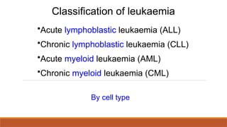 Classification of leukaemia
•Acute lymphoblastic leukaemia (ALL)
•Chronic lymphoblastic leukaemia (CLL)
•Acute myeloid leukaemia (AML)
•Chronic myeloid leukaemia (CML)
By cell type
 