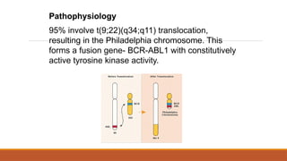 Pathophysiology
95% involve t(9;22)(q34;q11) translocation,
resulting in the Philadelphia chromosome. This
forms a fusion gene- BCR-ABL1 with constitutively
active tyrosine kinase activity.
 