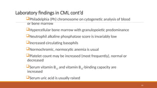 63
Laboratory findings in CML cont’d
Philadelphia (Ph) chromosome on cytogenetic analysis of blood
or bone marrow
Hypercellular bone marrow with granulopoietic predominance
Neutrophil alkaline phosphatase score is invariably low
Increased circulating basophils
Normochromic, normocytic anemia is usual
Platelet count may be increased (most frequently), normal or
decreased
Serum vitamin B12 and vitamin B12-binding capacity are
increased
Serum uric acid is usually raised
 