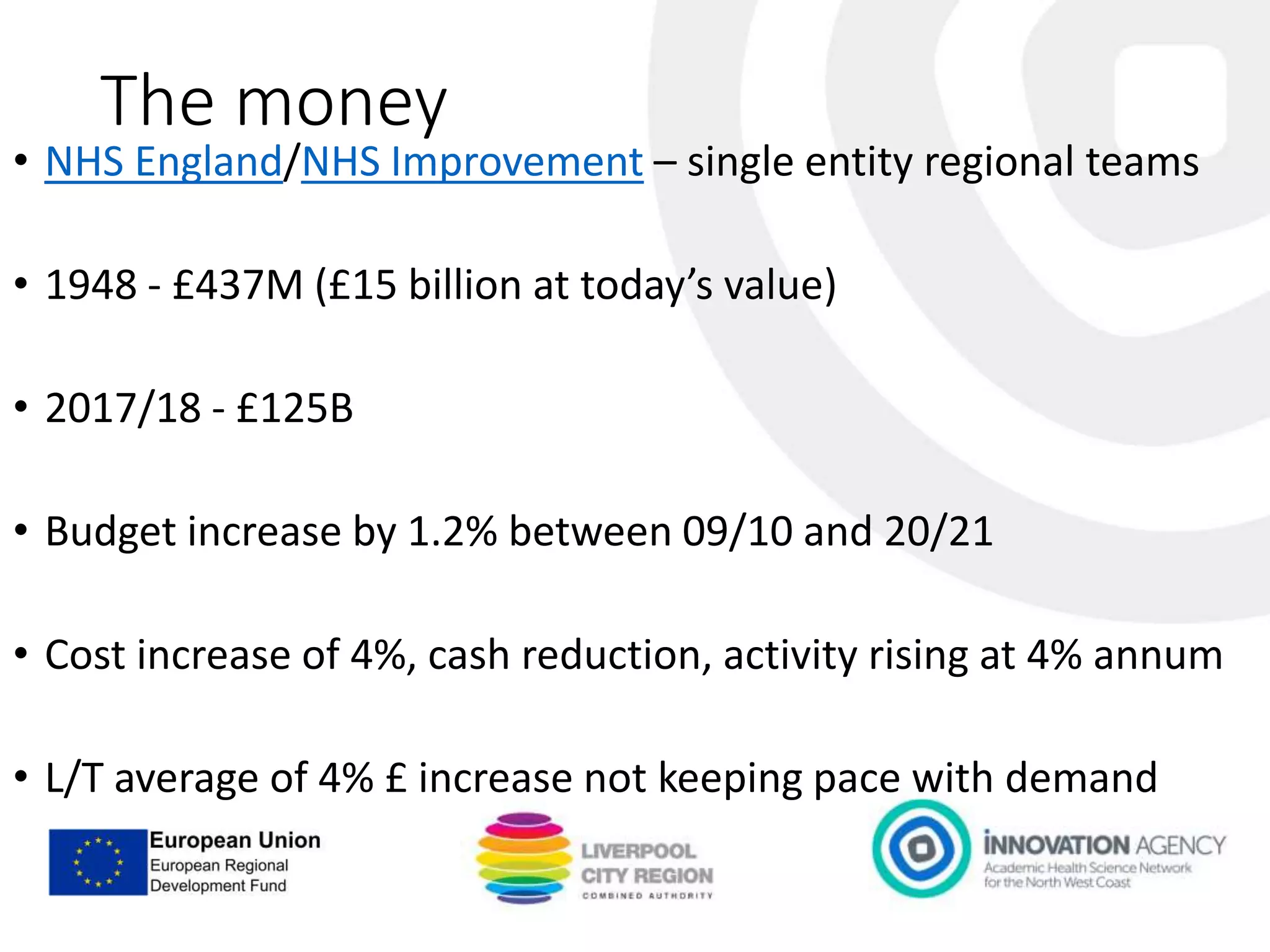 The money
• NHS England/NHS Improvement – single entity regional teams
• 1948 - £437M (£15 billion at today’s value)
• 2017/18 - £125B
• Budget increase by 1.2% between 09/10 and 20/21
• Cost increase of 4%, cash reduction, activity rising at 4% annum
• L/T average of 4% £ increase not keeping pace with demand
 