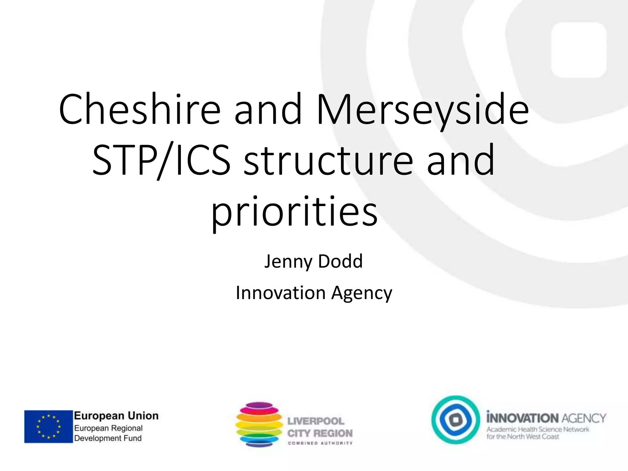 Cheshire and Merseyside
STP/ICS structure and
priorities
Jenny Dodd
Innovation Agency
 