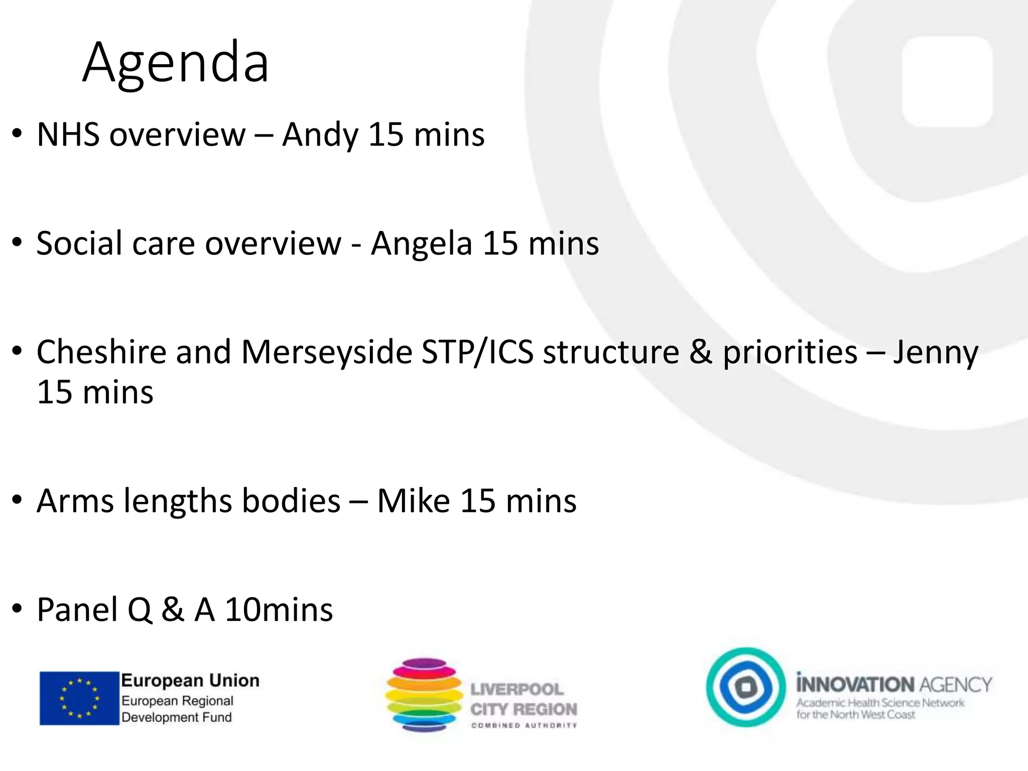 Agenda
• NHS overview – Andy 15 mins
• Social care overview - Angela 15 mins
• Cheshire and Merseyside STP/ICS structure & priorities – Jenny
15 mins
• Arms lengths bodies – Mike 15 mins
• Panel Q & A 10mins
 