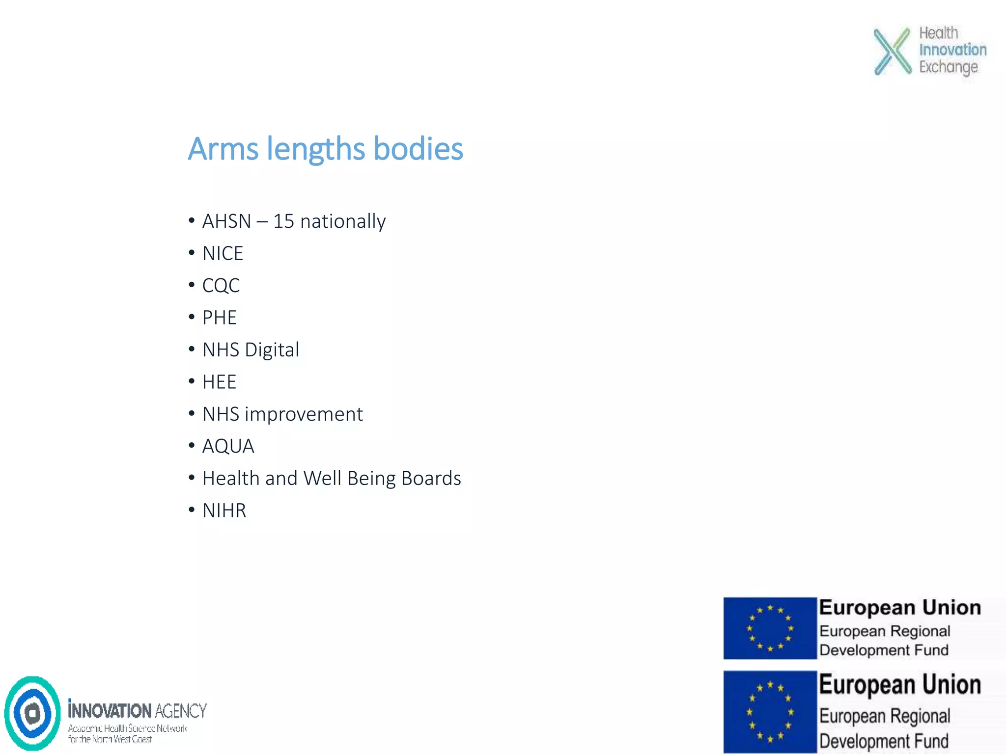Arms lengths bodies
• AHSN – 15 nationally
• NICE
• CQC
• PHE
• NHS Digital
• HEE
• NHS improvement
• AQUA
• Health and Well Being Boards
• NIHR
 