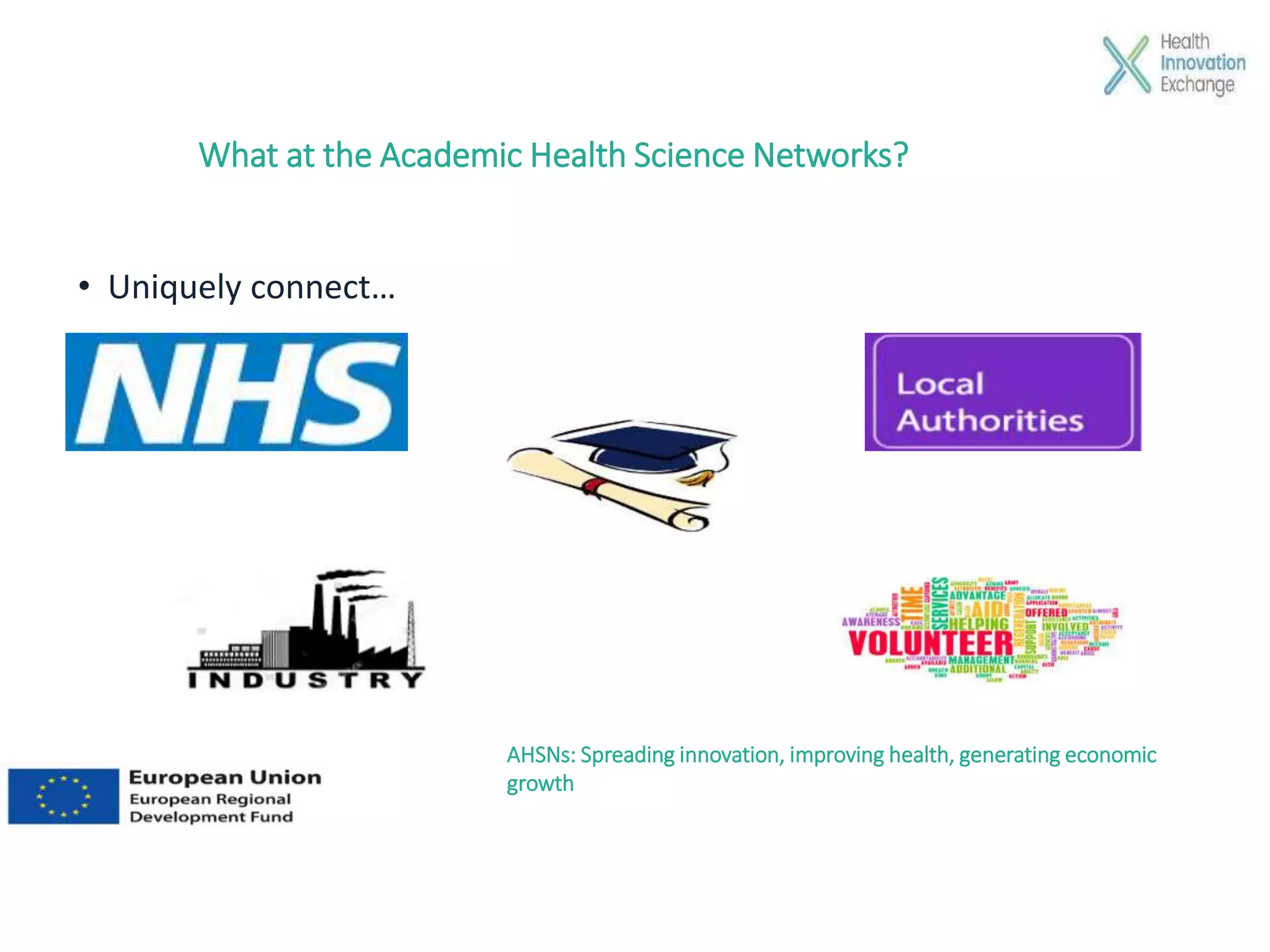 What at the Academic Health Science Networks?
• Uniquely connect…
AHSNs: Spreading innovation, improving health, generating economic
growth
 