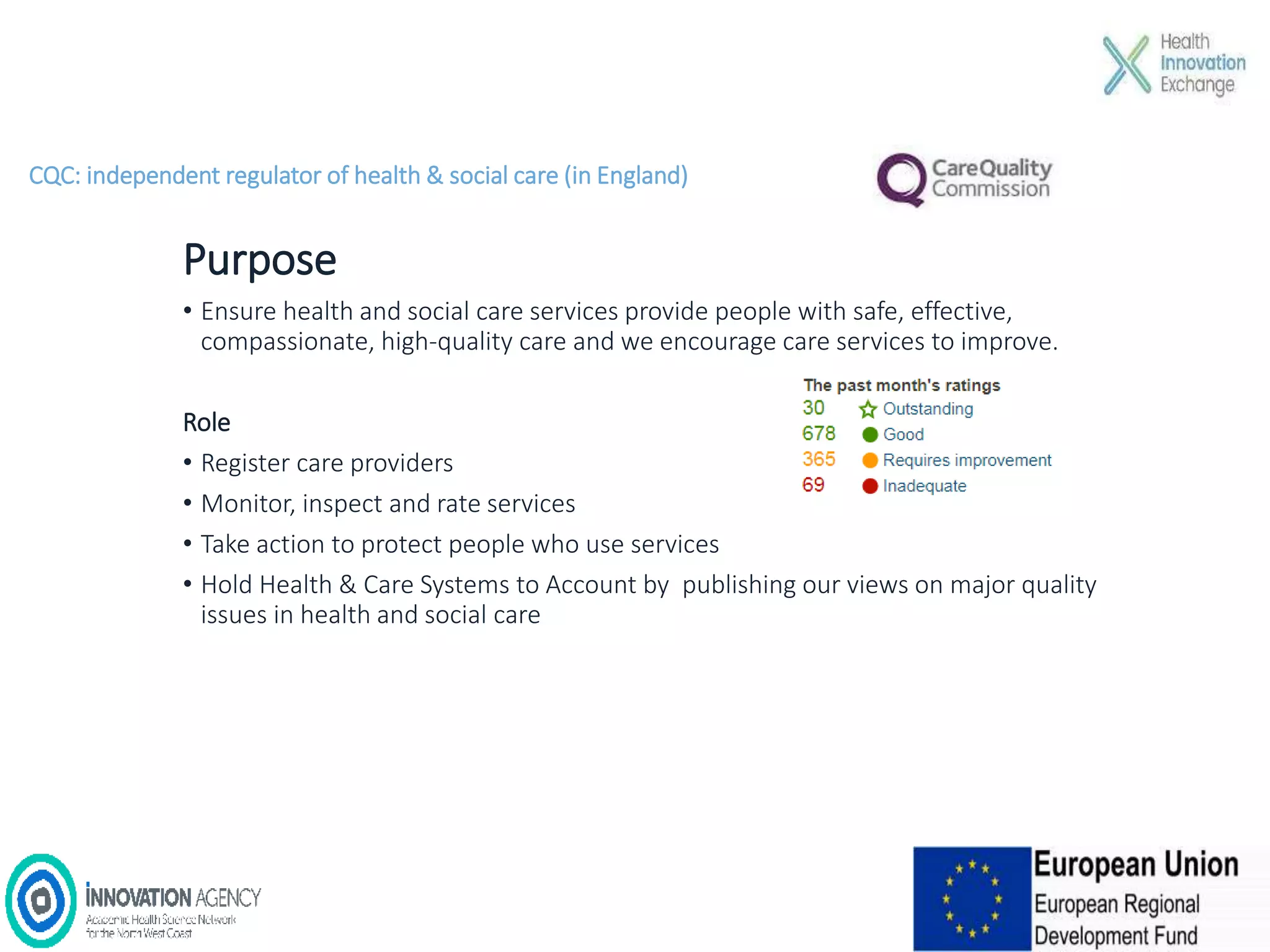 CQC: independent regulator of health & social care (in England)
Purpose
• Ensure health and social care services provide people with safe, effective,
compassionate, high-quality care and we encourage care services to improve.
Role
• Register care providers
• Monitor, inspect and rate services
• Take action to protect people who use services
• Hold Health & Care Systems to Account by publishing our views on major quality
issues in health and social care
 
