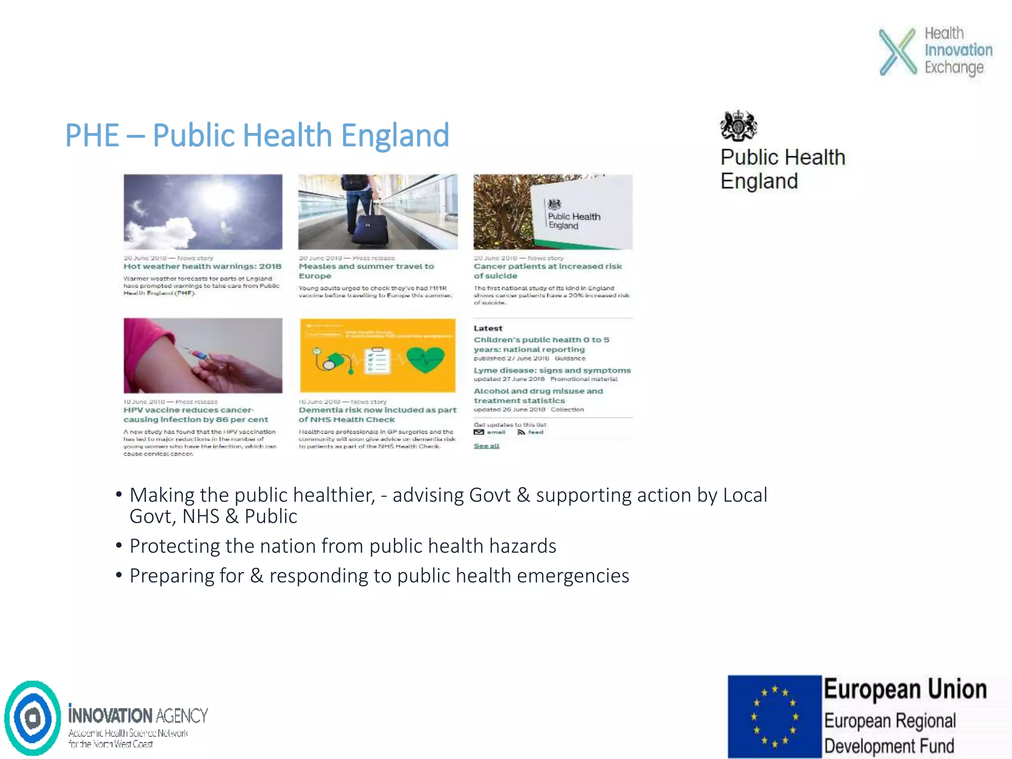 PHE – Public Health England
• Making the public healthier, - advising Govt & supporting action by Local
Govt, NHS & Public
• Protecting the nation from public health hazards
• Preparing for & responding to public health emergencies
 